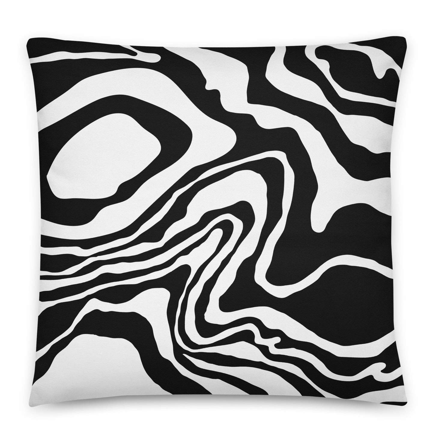 A square throw pillow featuring a bold black and white abstract wavy pattern.