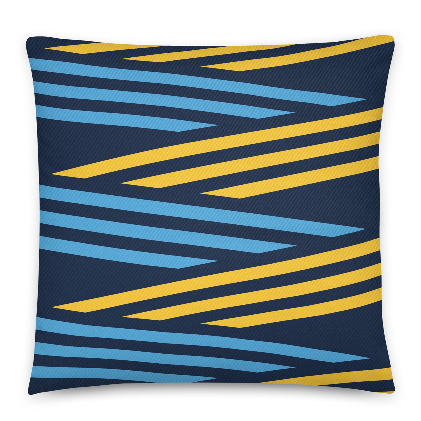 A square throw pillow featuring a modern geometric pattern of diagonal stripes in yellow and light blue on a dark navy blue background.