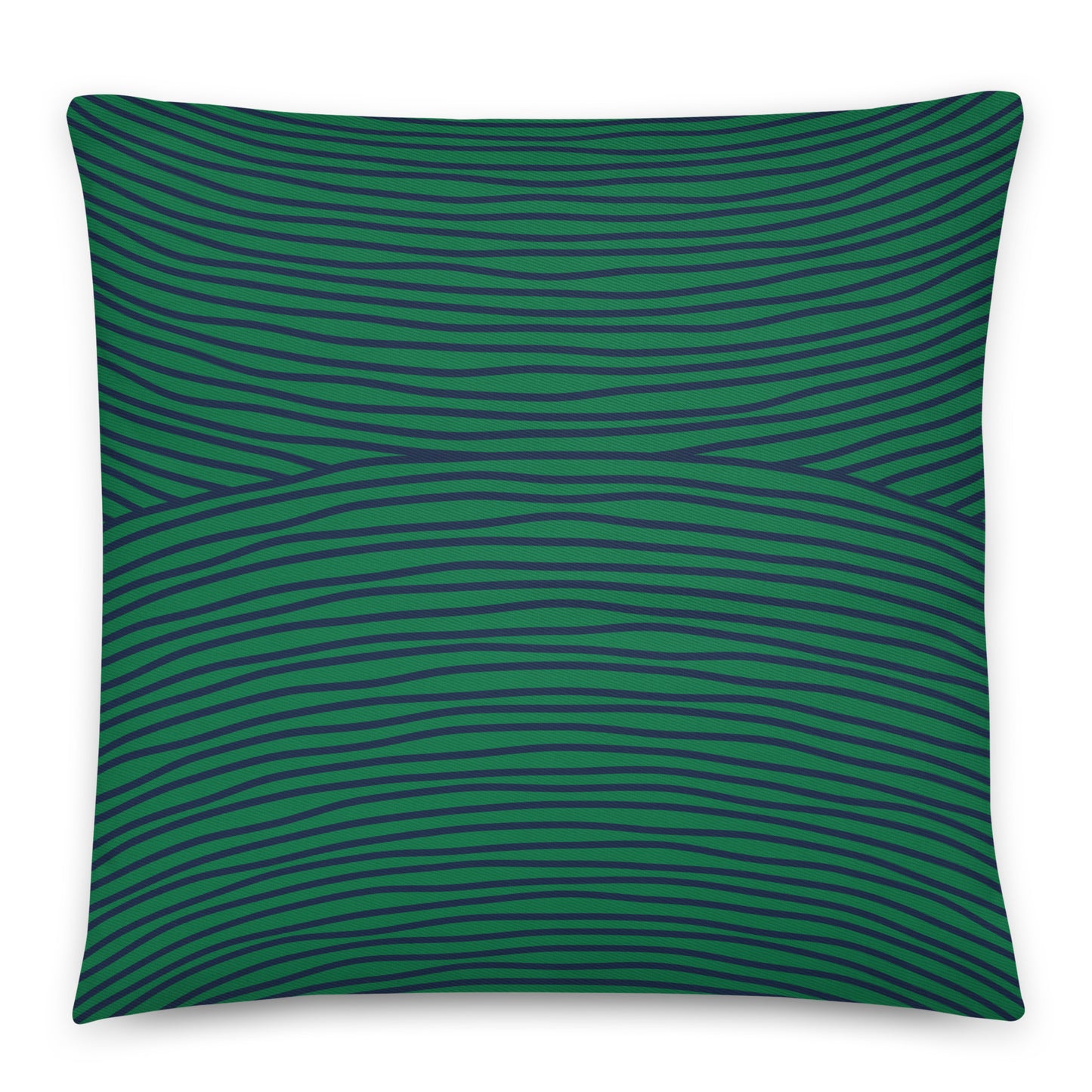 A square throw pillow featuring a dark green and navy blue wavy horizontal stripe pattern.