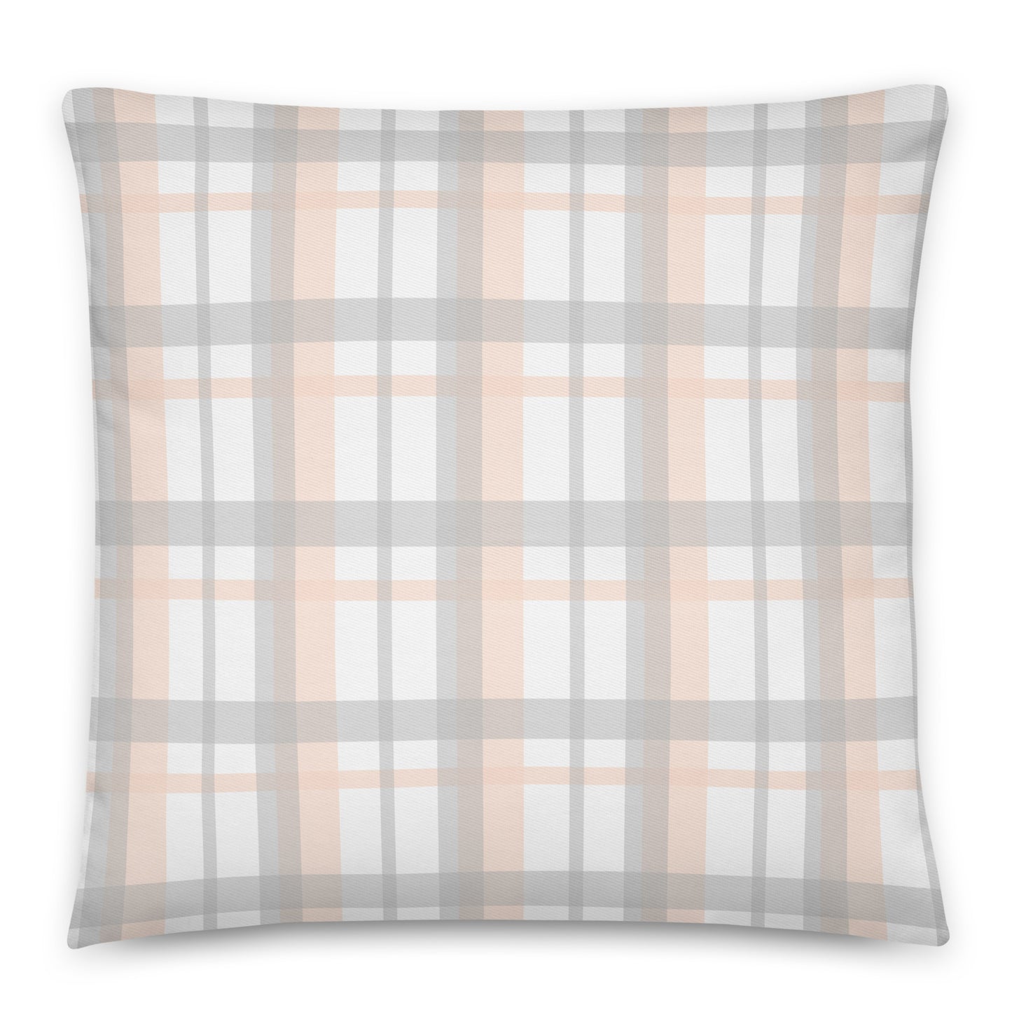 A square throw pillow featuring a soft plaid pattern with intersecting stripes of light gray, dusty peach, and white.