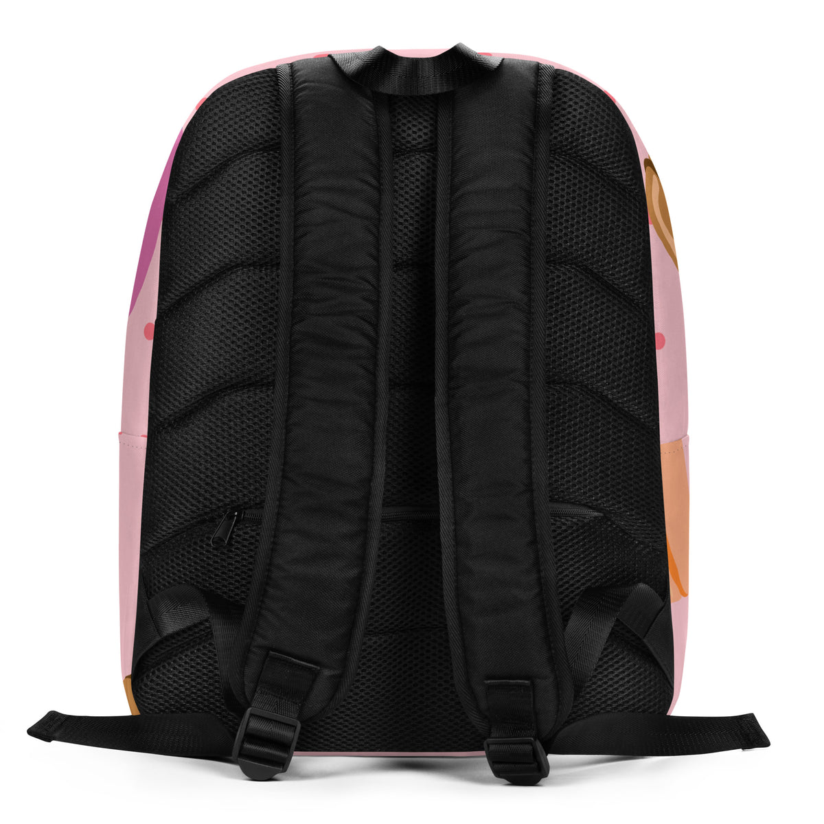 The back view of a backpack featuring a black padded mesh backrest and shoulder straps, with a pink side panel and small orange accents.