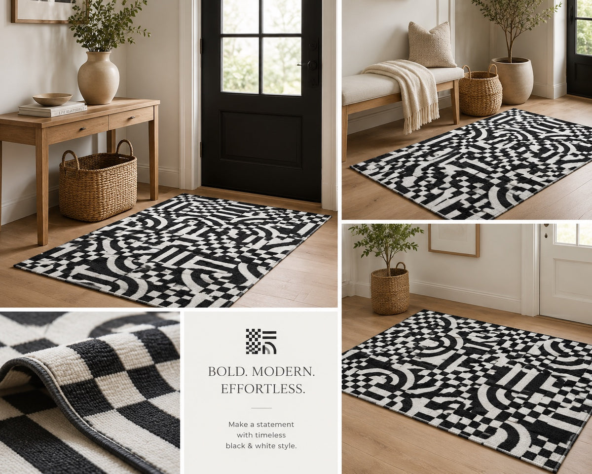 Black & White Checkered Op Art Area Rug