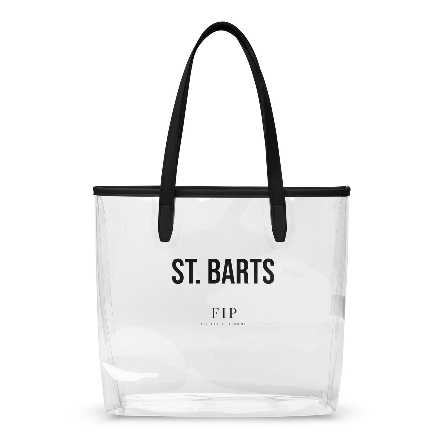 A clear plastic beach tote bag with black handles and black trim, featuring the text 'ST. BARTS'