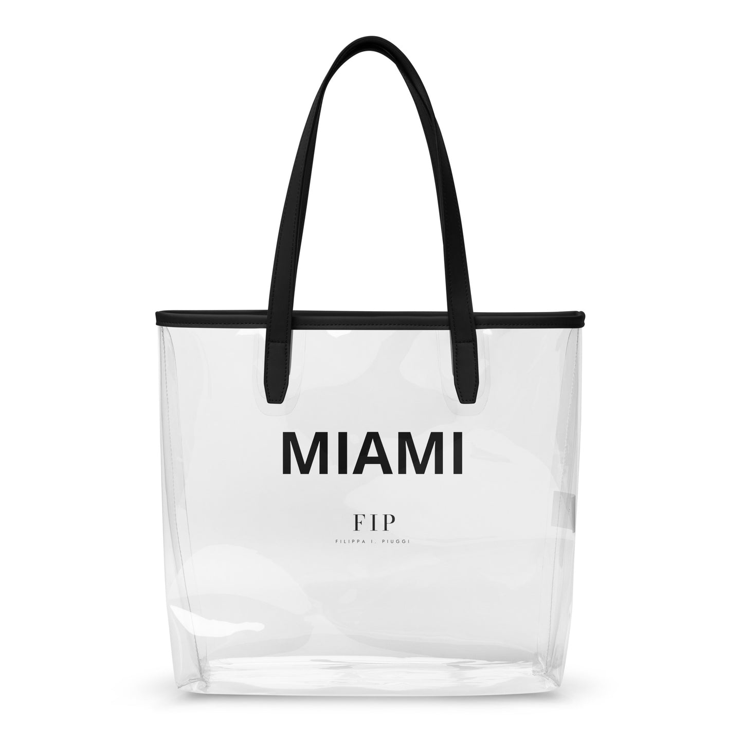 Clear tote bag with black handle Miami text in black
