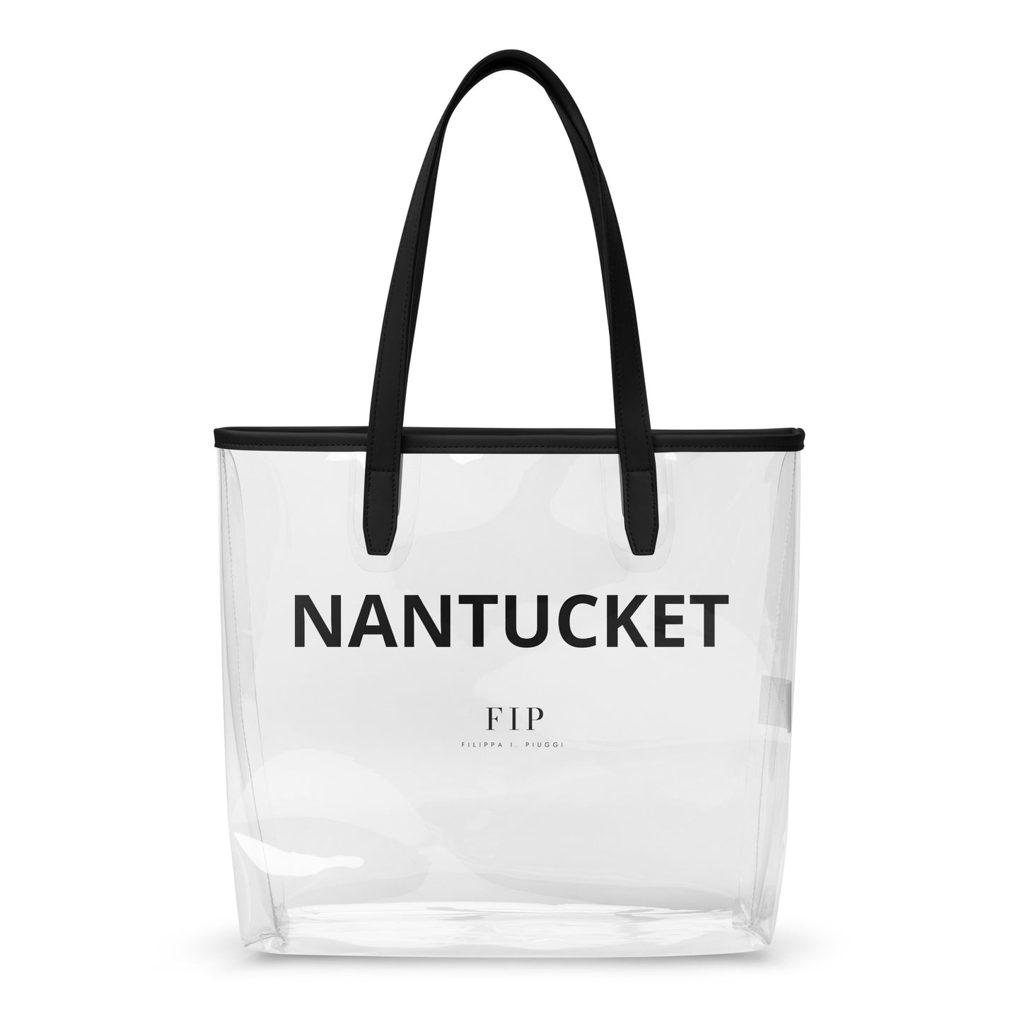 A clear plastic tote bag with black handles and black printed branding that reads Nantucket