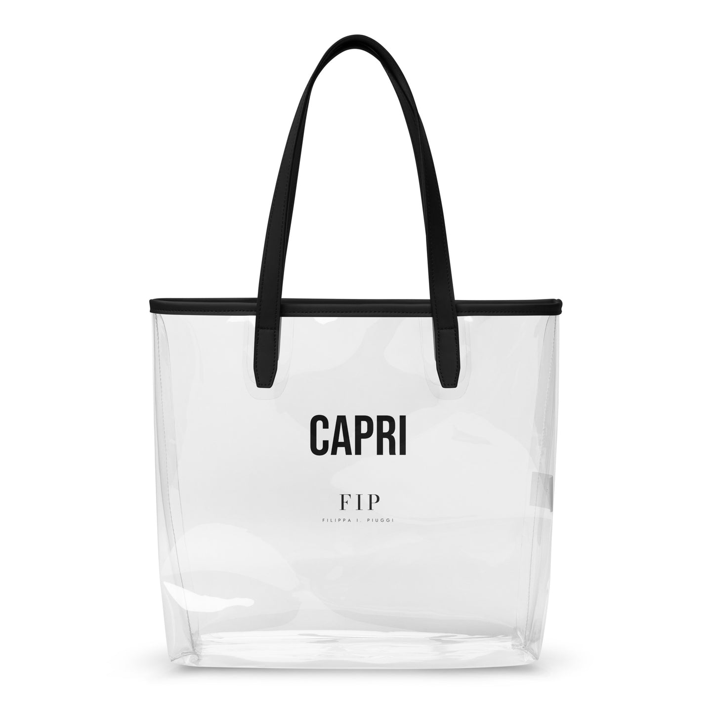 A clear plastic tote bag with black handles and black trim, featuring the text 'CAPRI'
