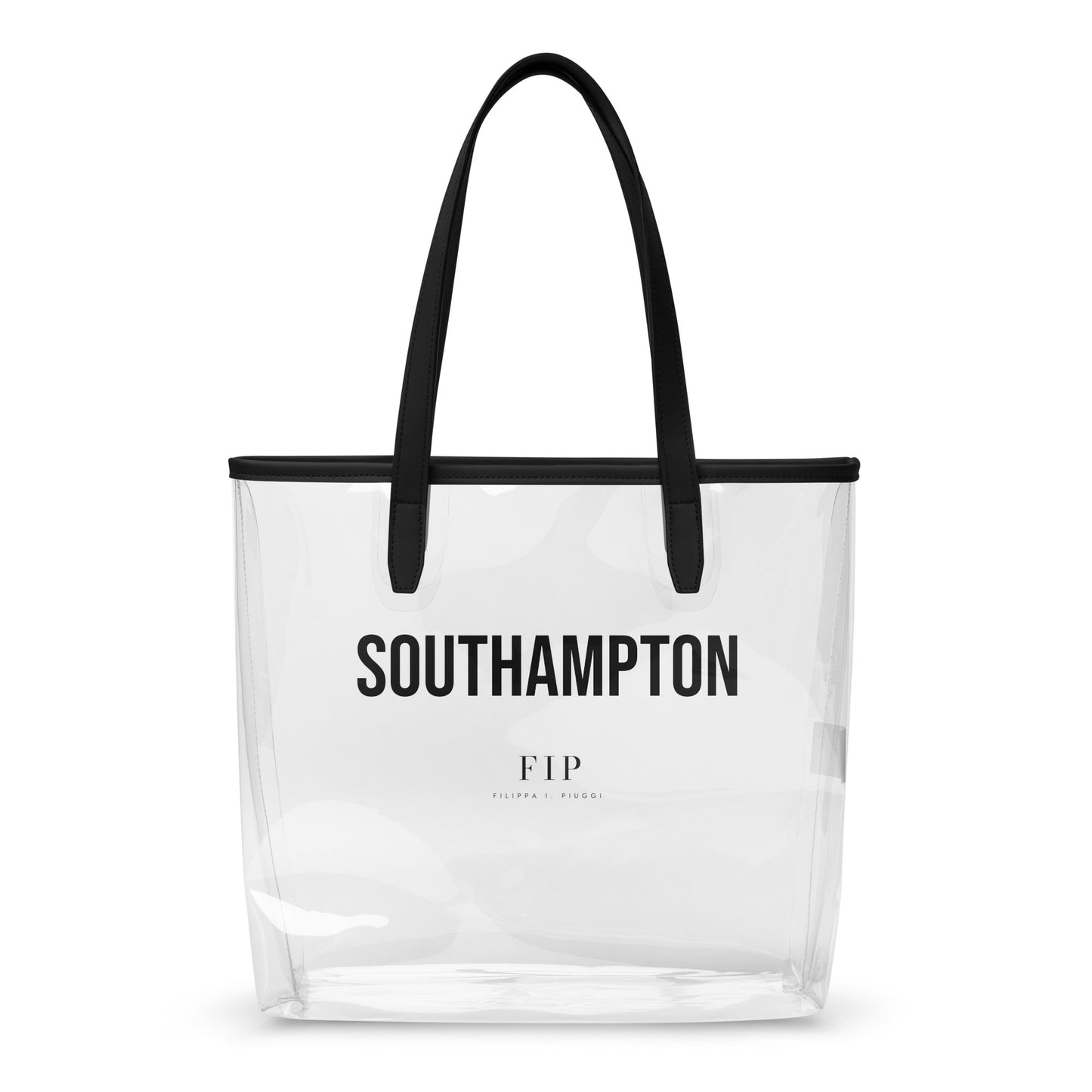 A clear plastic beach tote bag with black handles and black trim, featuring the text SOUTHAMPTON