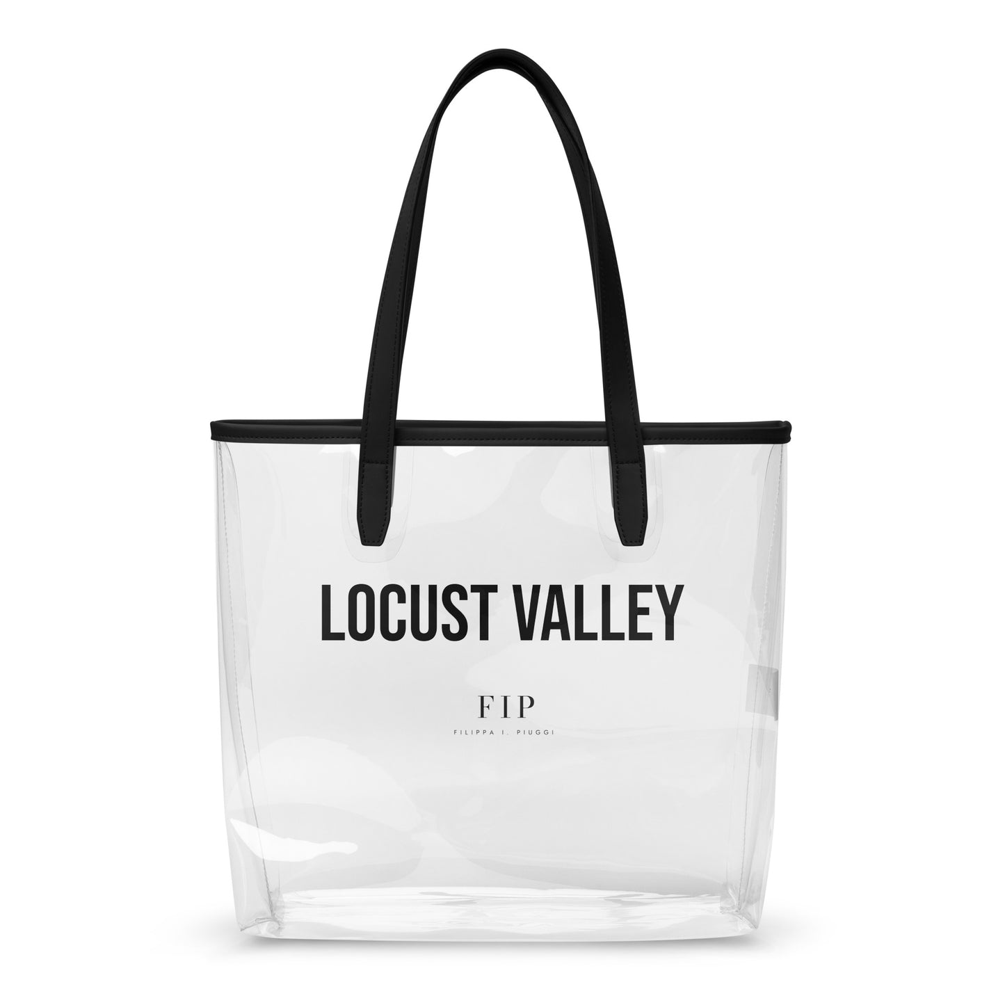 A clear plastic beach tote bag with black handles and black trim, featuring the text LOCUST VALLEY