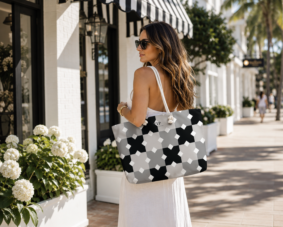 large tote bag with a black, gray, and white geometric pattern