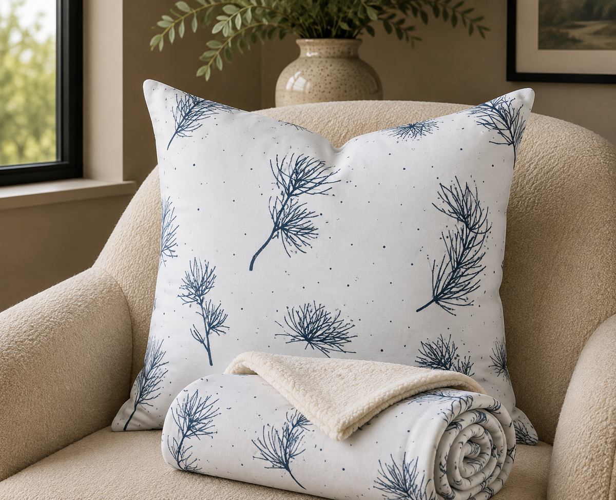Blue Pine Leaf Throw Pillow
