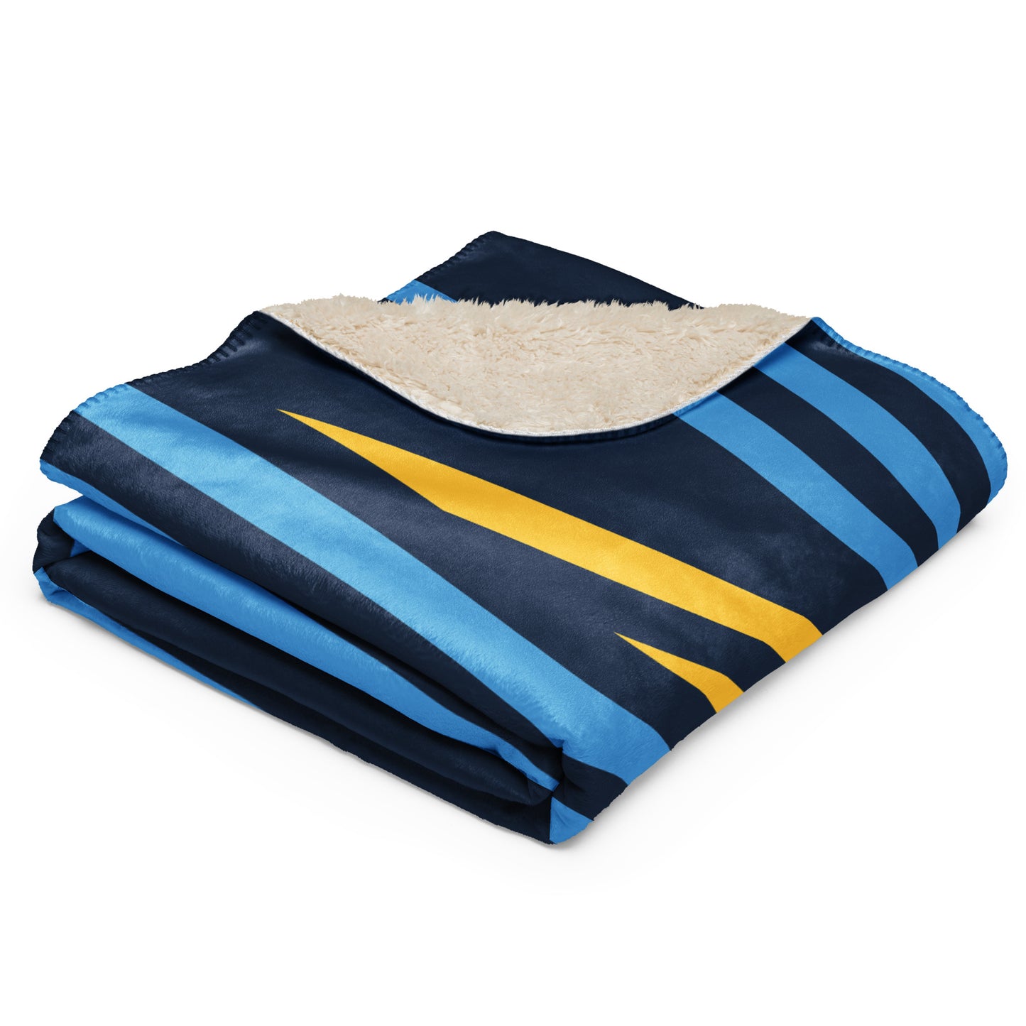 Navy blue and light blue striped pattern with a yellow chevron accent, and a beige sherpa lining.