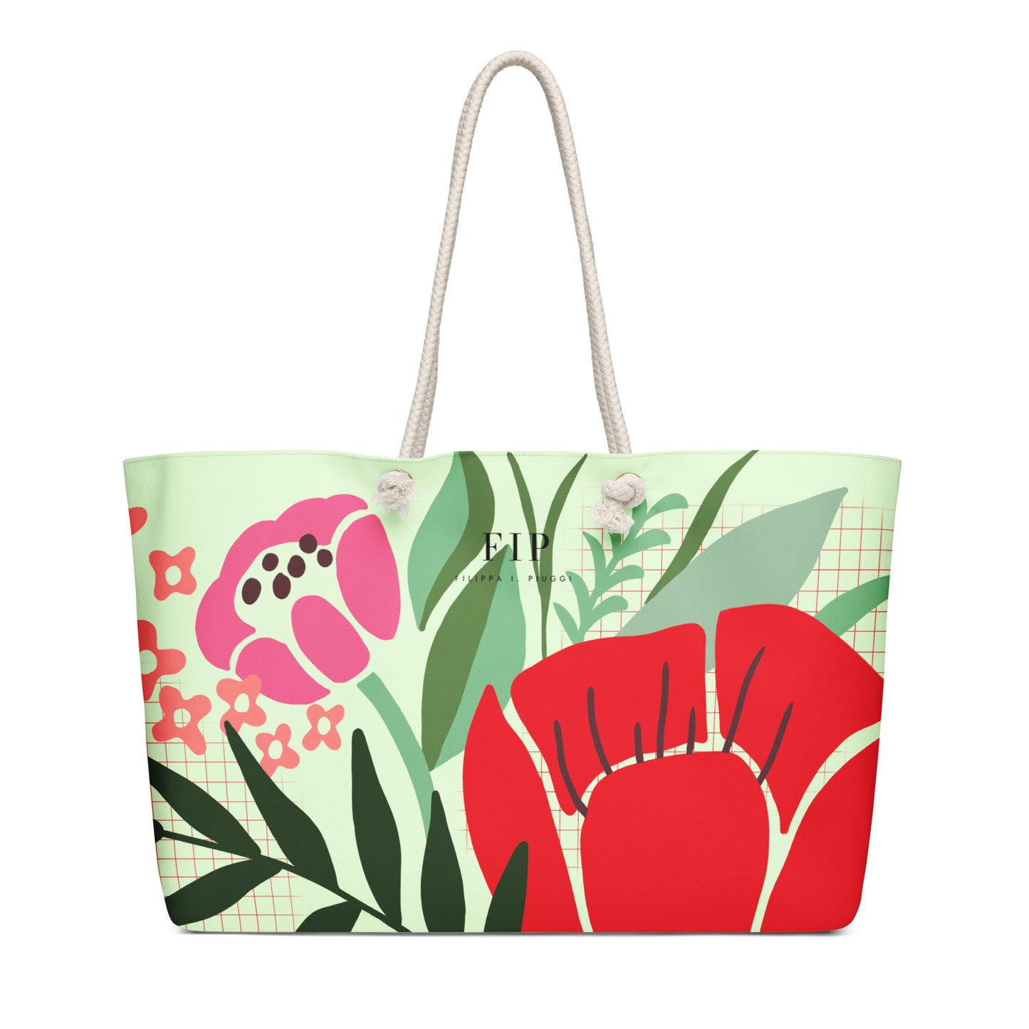 A tote bag with a light mint green background and a colorful floral pattern featuring a large red flower, a pink flower, and green leaves. It has two off-white rope handles.
