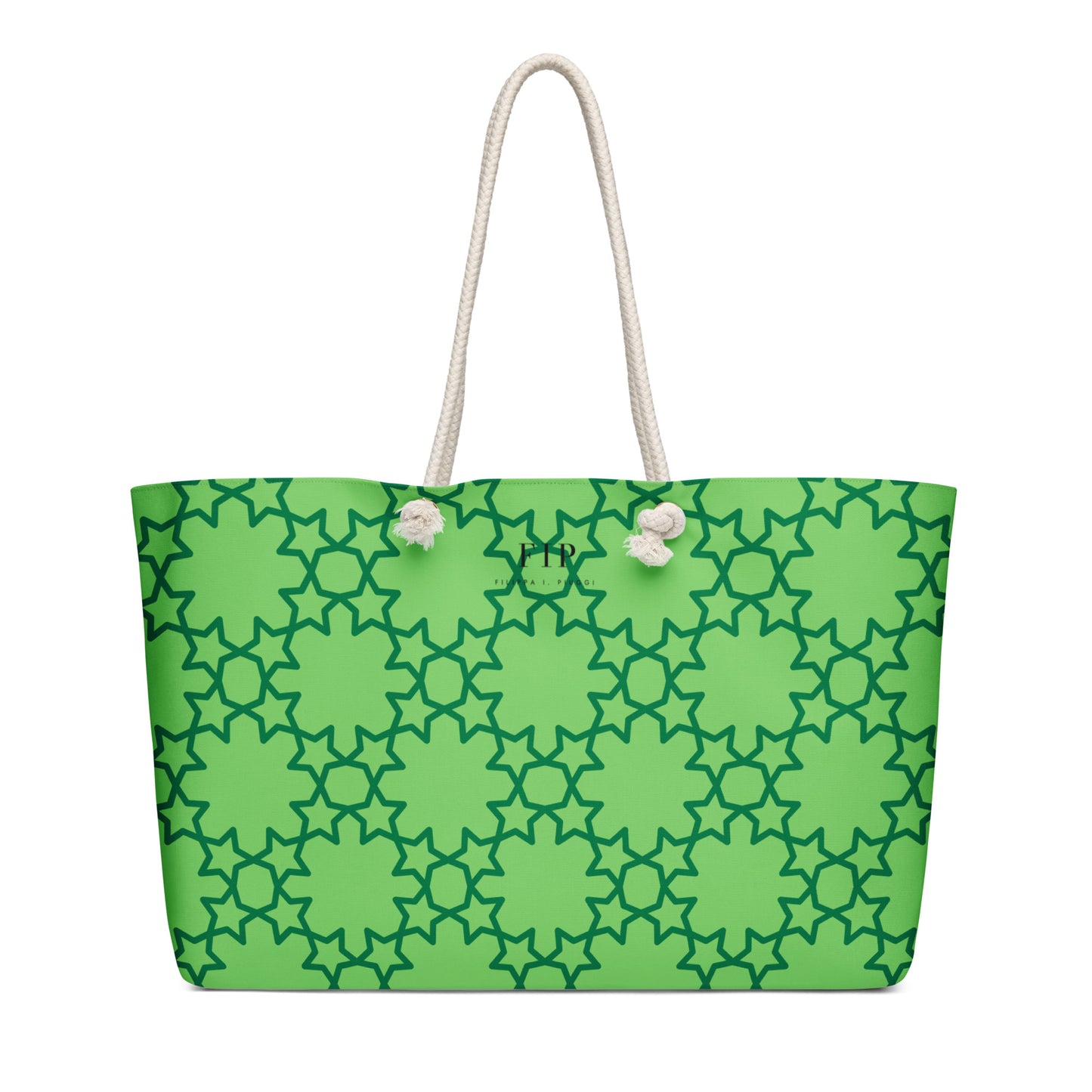 A bright green tote bag with a dark green geometric trellis pattern and thick off-white rope handles.