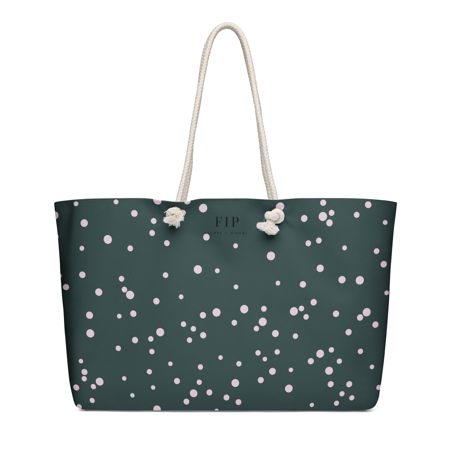white polka dot pattern dark grey, featuring thick white rope handles