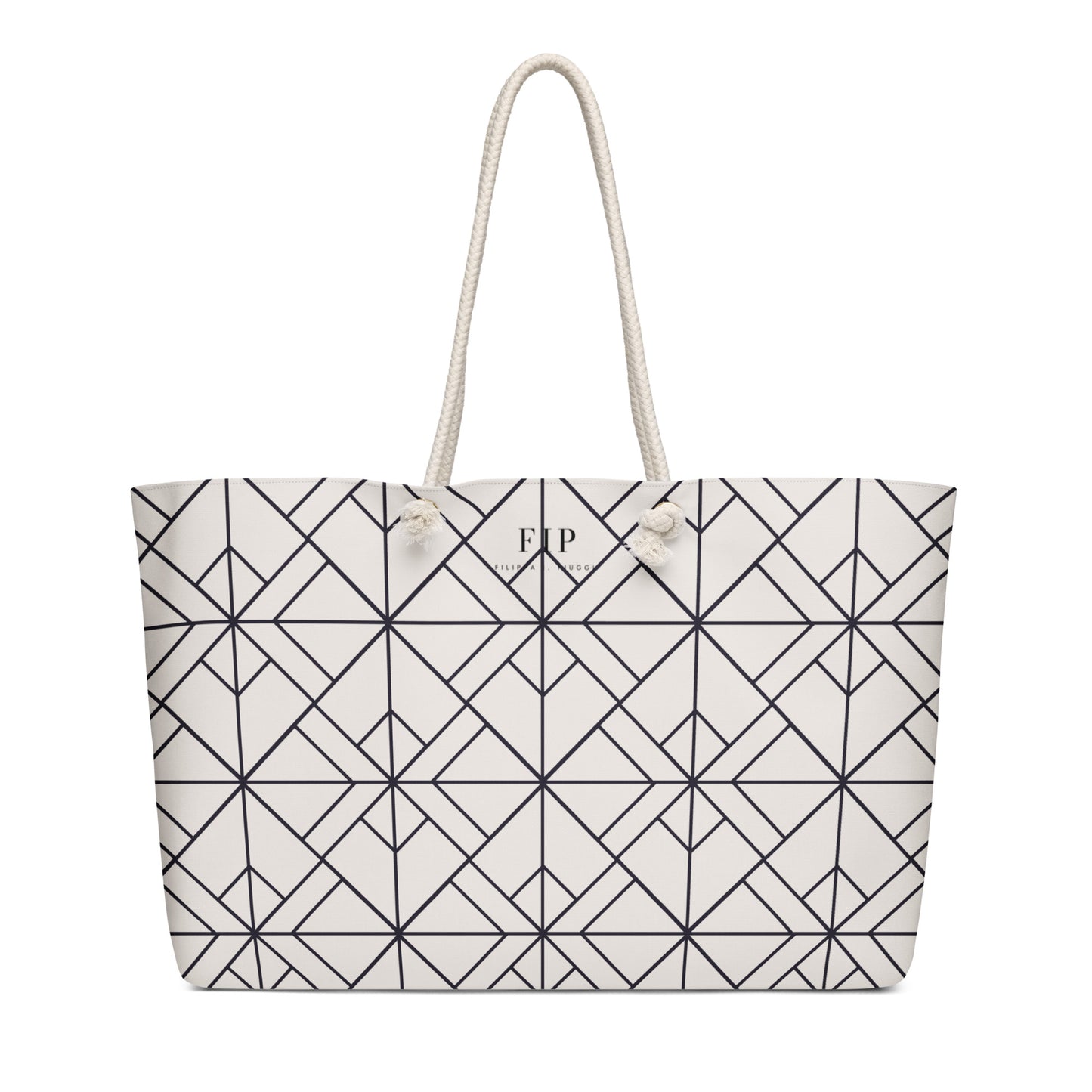 A large tote bag with a black geometric line pattern on a white background, featuring two thick white rope handles
