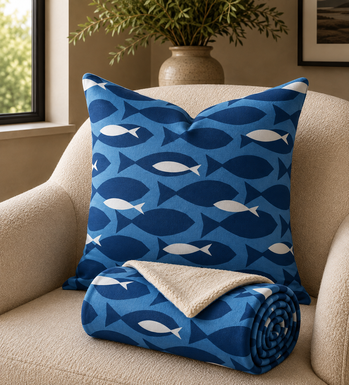 Coastal Blue Fish Throw Pillow
