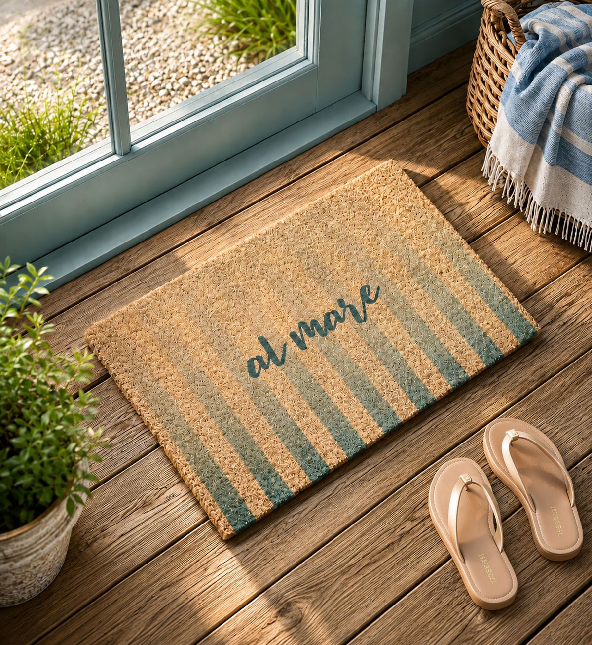 A rectangular coir doormat with vertical muted blue-green stripes and the words “al mare” in script,