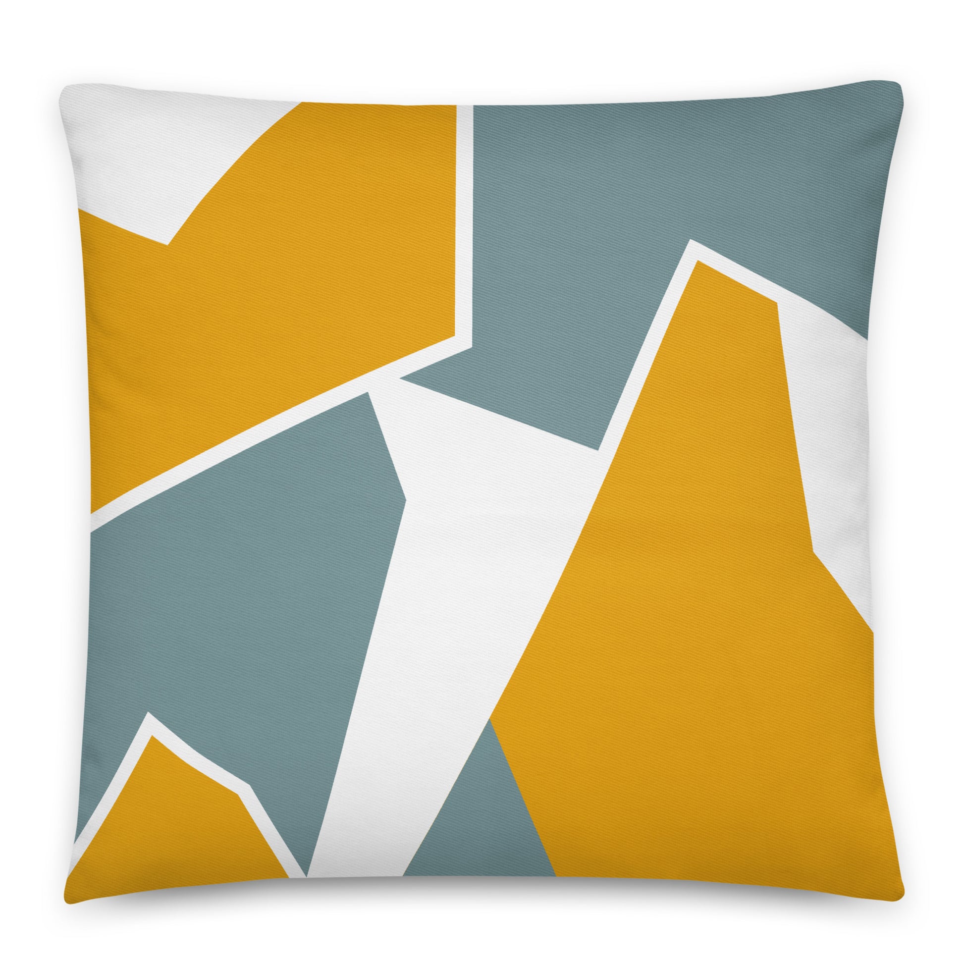 A square throw pillow featuring a modern geometric pattern of mustard yellow, slate blue, and white abstract shapes outlined in white.