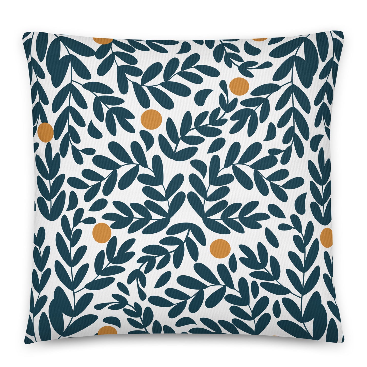 A square throw pillow featuring a repeating pattern of dark teal leaves and small mustard-yellow olives. 