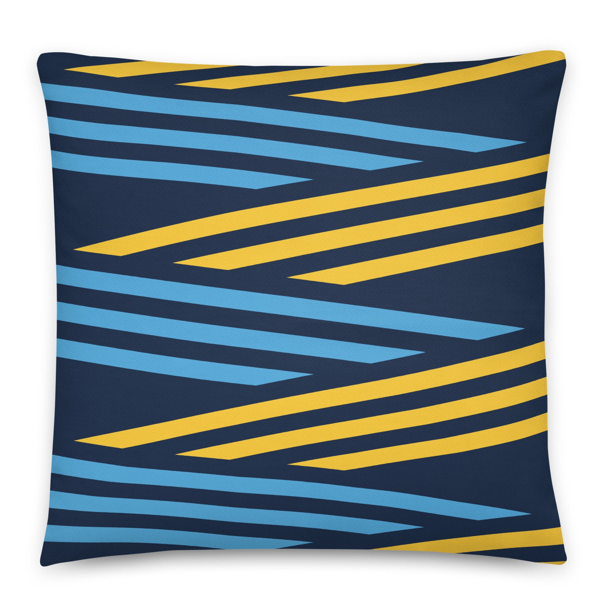 A square throw pillow featuring a modern geometric pattern of diagonal stripes in yellow and light blue on a dark navy blue background. 