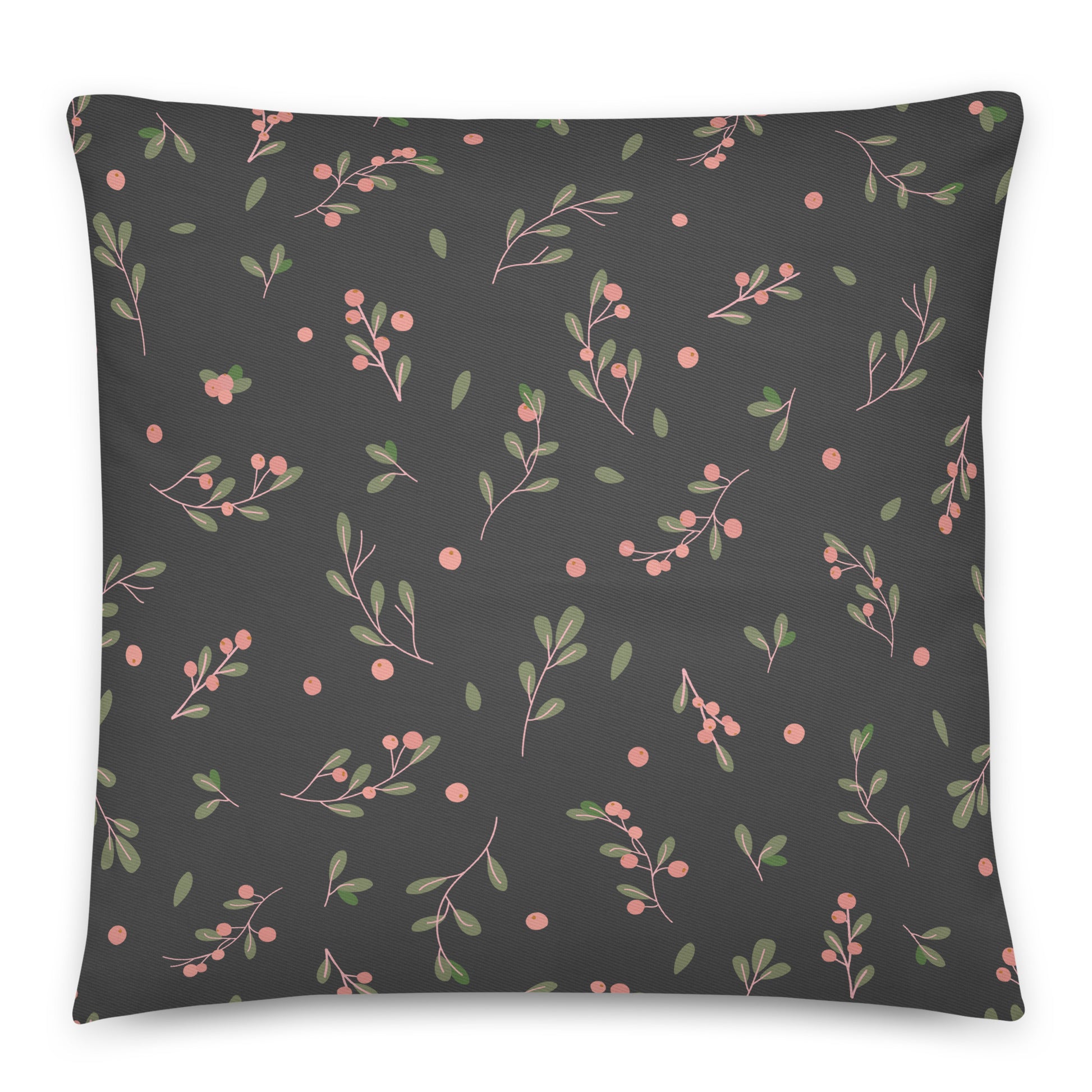 A square throw pillow featuring a dark charcoal gray background with a repeating pattern of delicate pink berries, green leaves, and thin pink stems. 