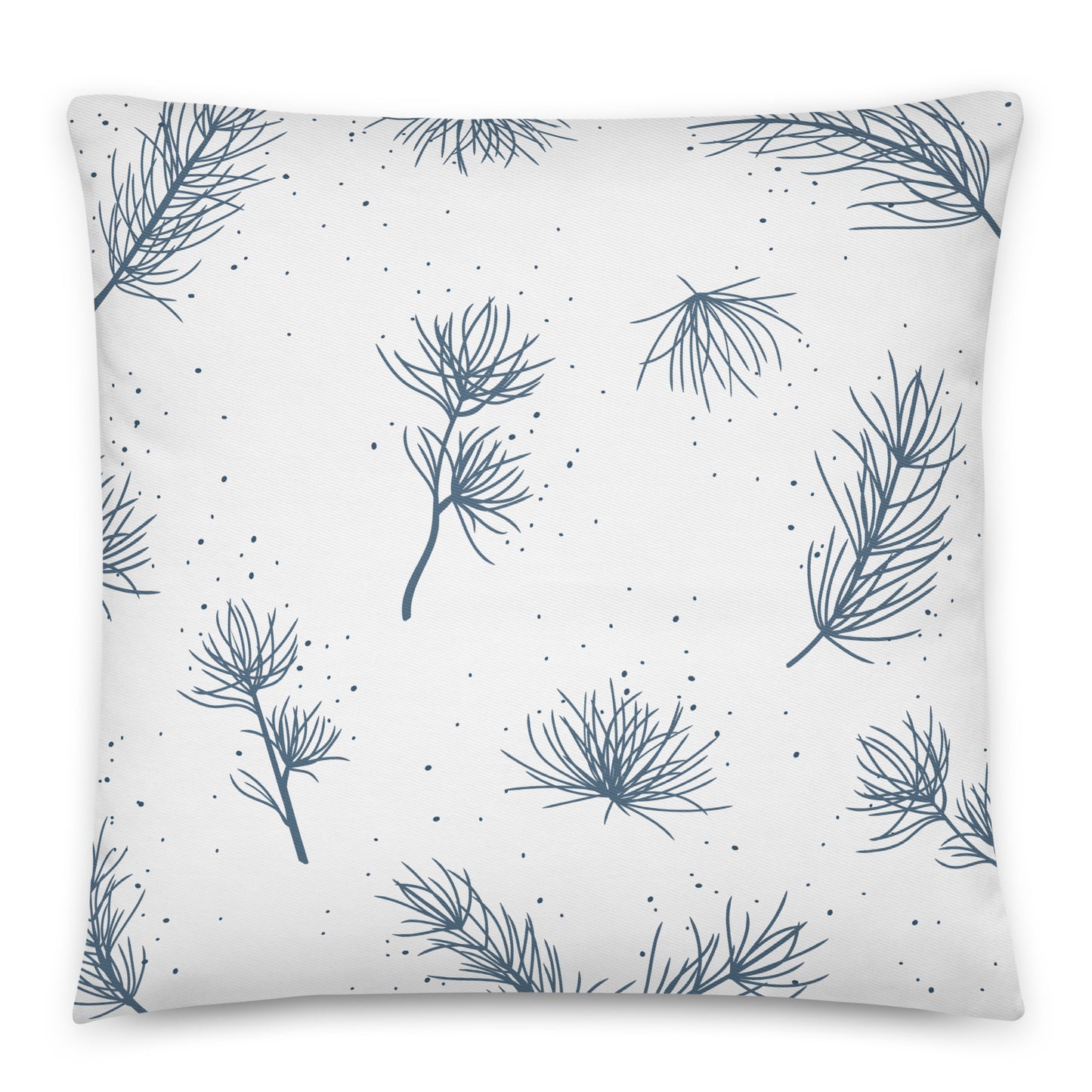 A square throw pillow with a white background and a repeating pattern of blue pine branches and small scattered dots.