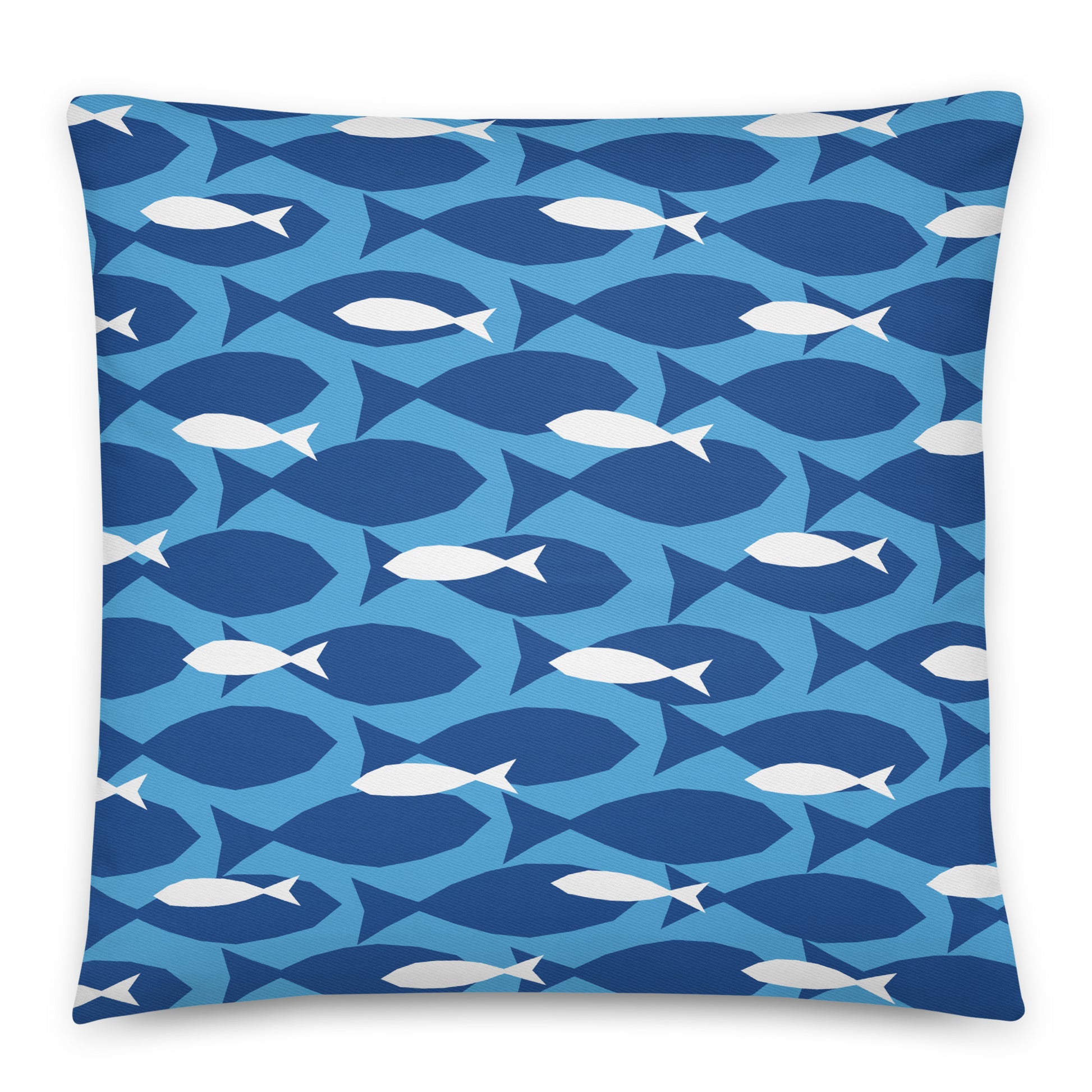 A square throw pillow featuring a repeating pattern of stylized fish in shades of blue and white. 