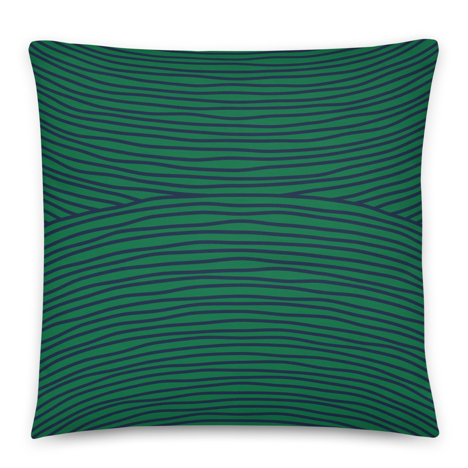 A square throw pillow featuring a dark green and navy blue wavy horizontal stripe pattern. 