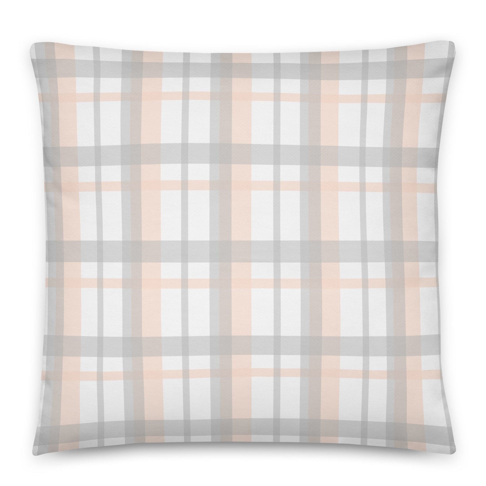 A square throw pillow featuring a soft plaid pattern with intersecting stripes of light gray, dusty peach, and white. 