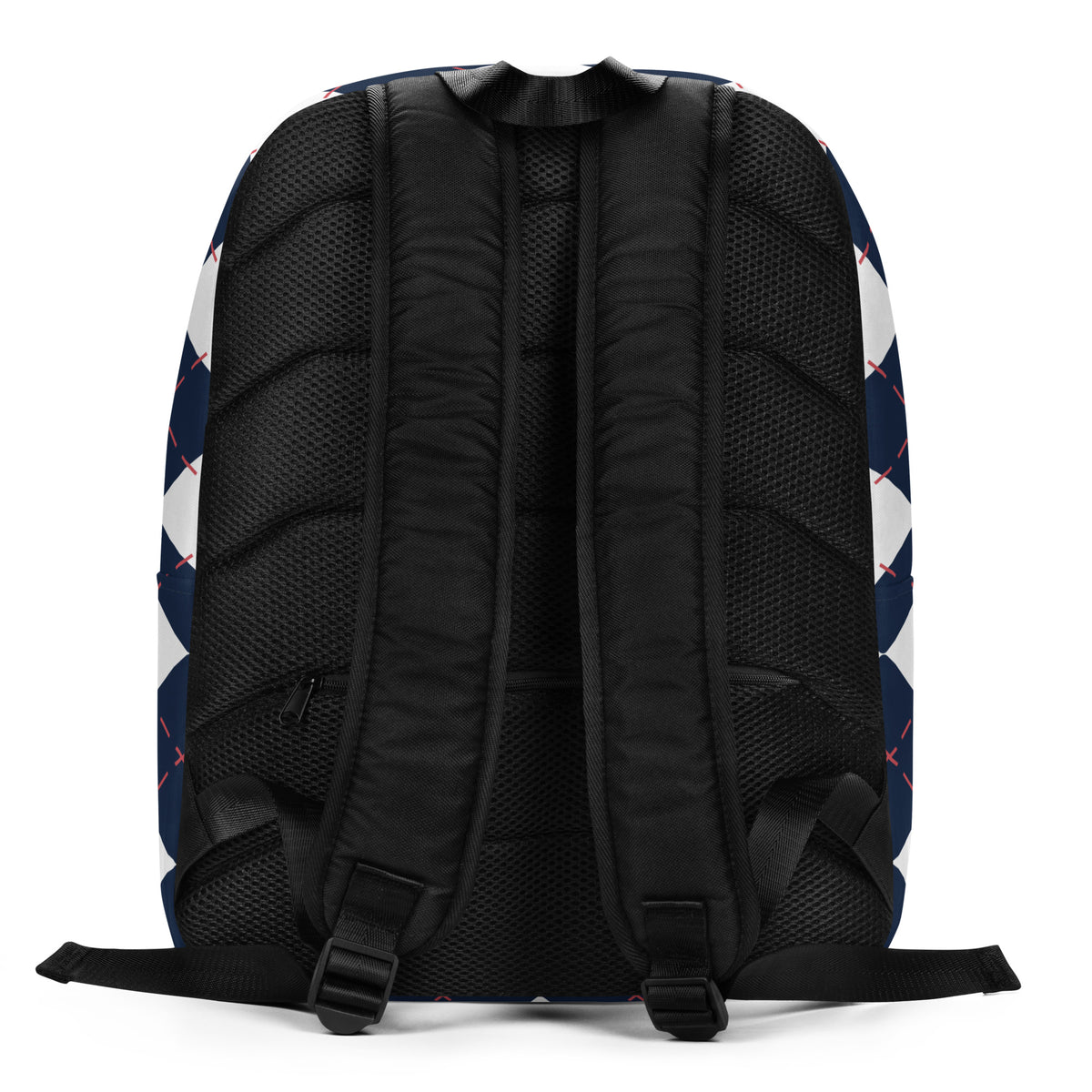 The back view of a black mesh backpack with padded shoulder straps 