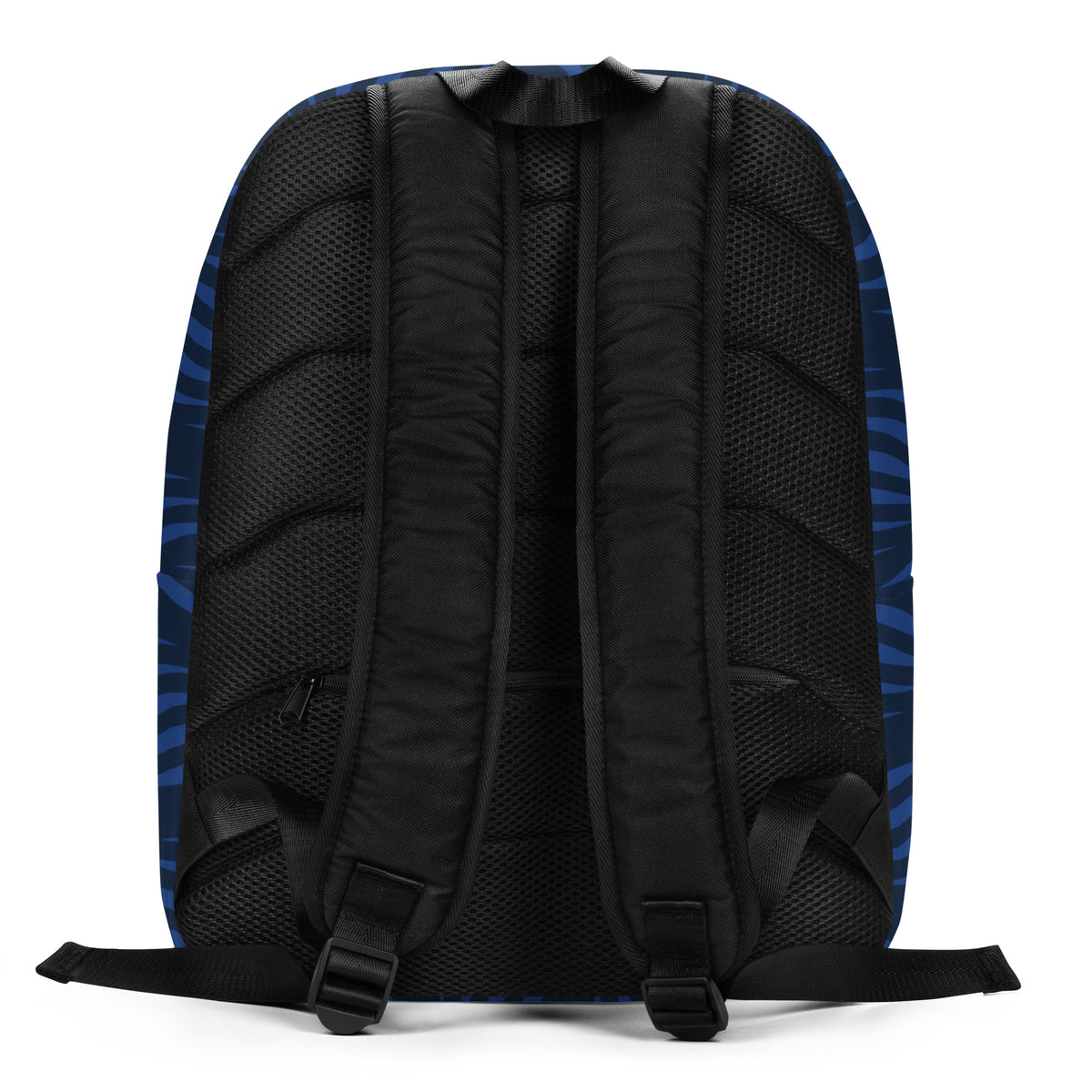 The back view of a backpack featuring a black mesh back panel with padded shoulder straps and a blue patterned side panel