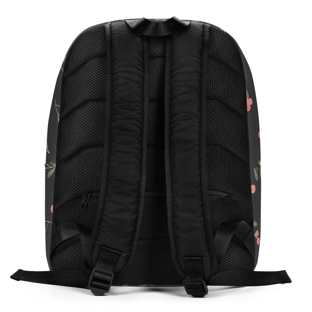 The back view of a black mesh backpack with padded shoulder straps and a subtle pink cherry floral pattern on the sides
