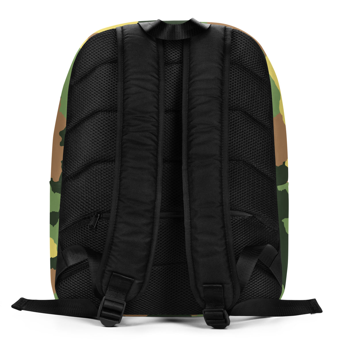 The back view of a backpack featuring a black mesh and padded backrest with adjustable shoulder straps, and a green, brown, and yellow camouflage pattern on the sides