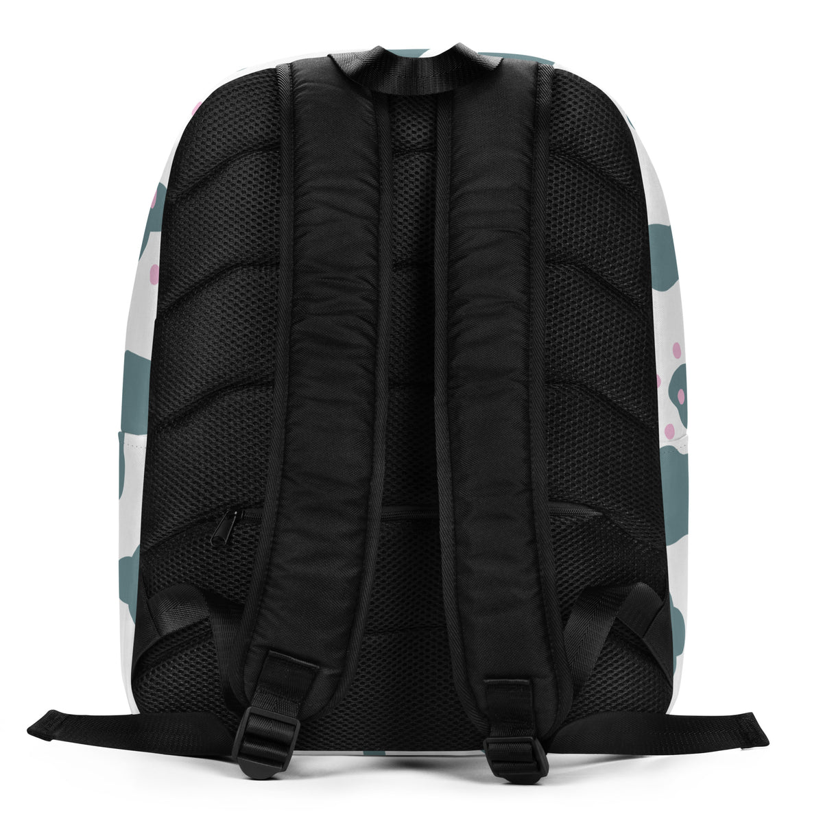 The back view of a backpack featuring a black mesh and padded backrest with adjustable shoulder straps, set against a white background with a subtle teal and pink pattern on the sides.