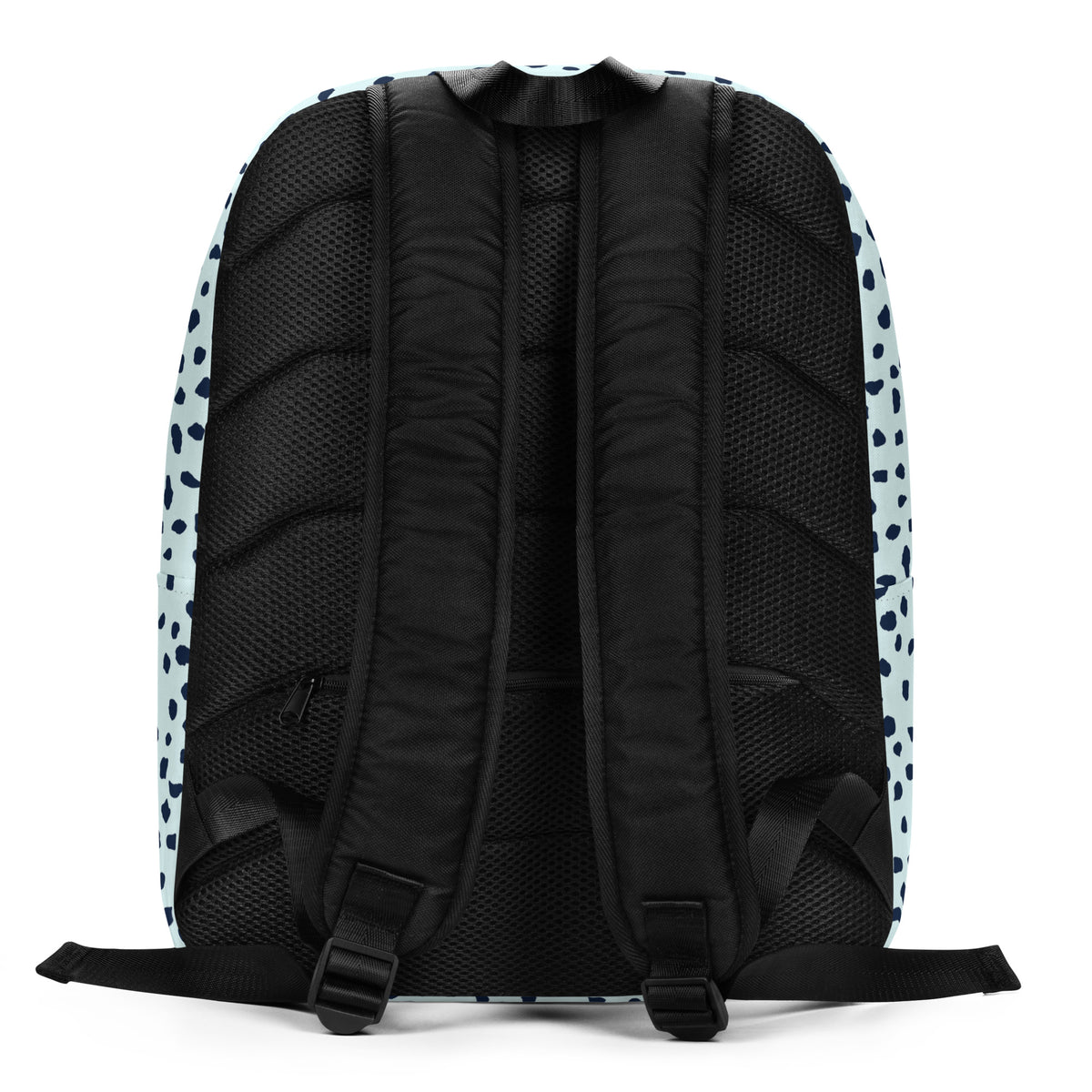 The back view of a backpack featuring a black mesh and padded back panel with black straps, and light blue sides decorated with a black dalmatian spot pattern