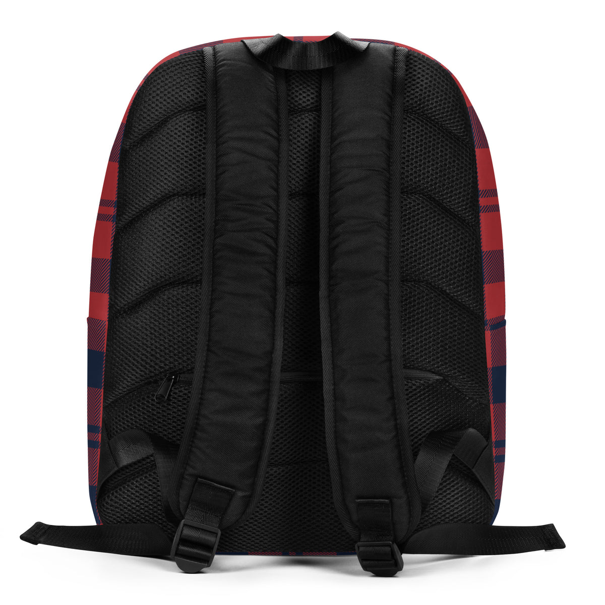 The back view of a backpack featuring a black mesh and padded back panel with shoulder straps, and red and navy blue plaid fabric sides