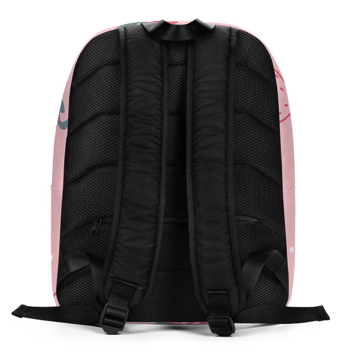 The back view of a pink and black backpack, showing padded shoulder straps, a breathable mesh back panel, and adjustable black buckles 