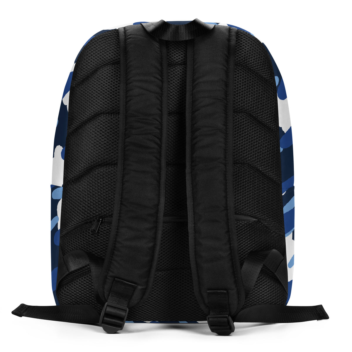 The back view of a backpack featuring a blue and white camouflage pattern on the outer shell and a black mesh back with padded shoulder straps.