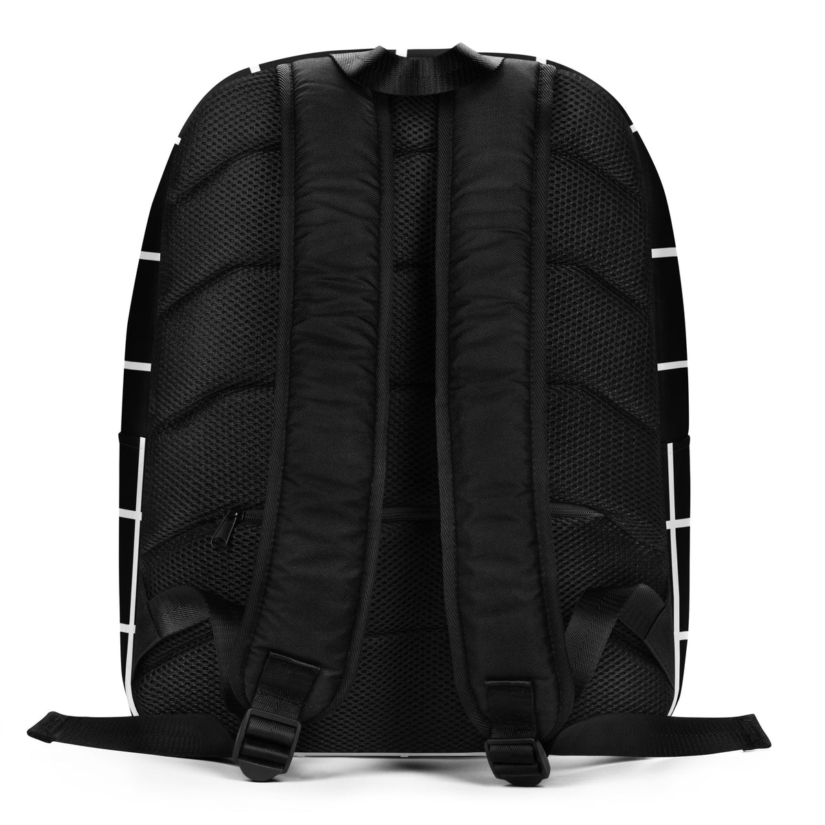 The back view of a black mesh backpack with padded shoulder straps 