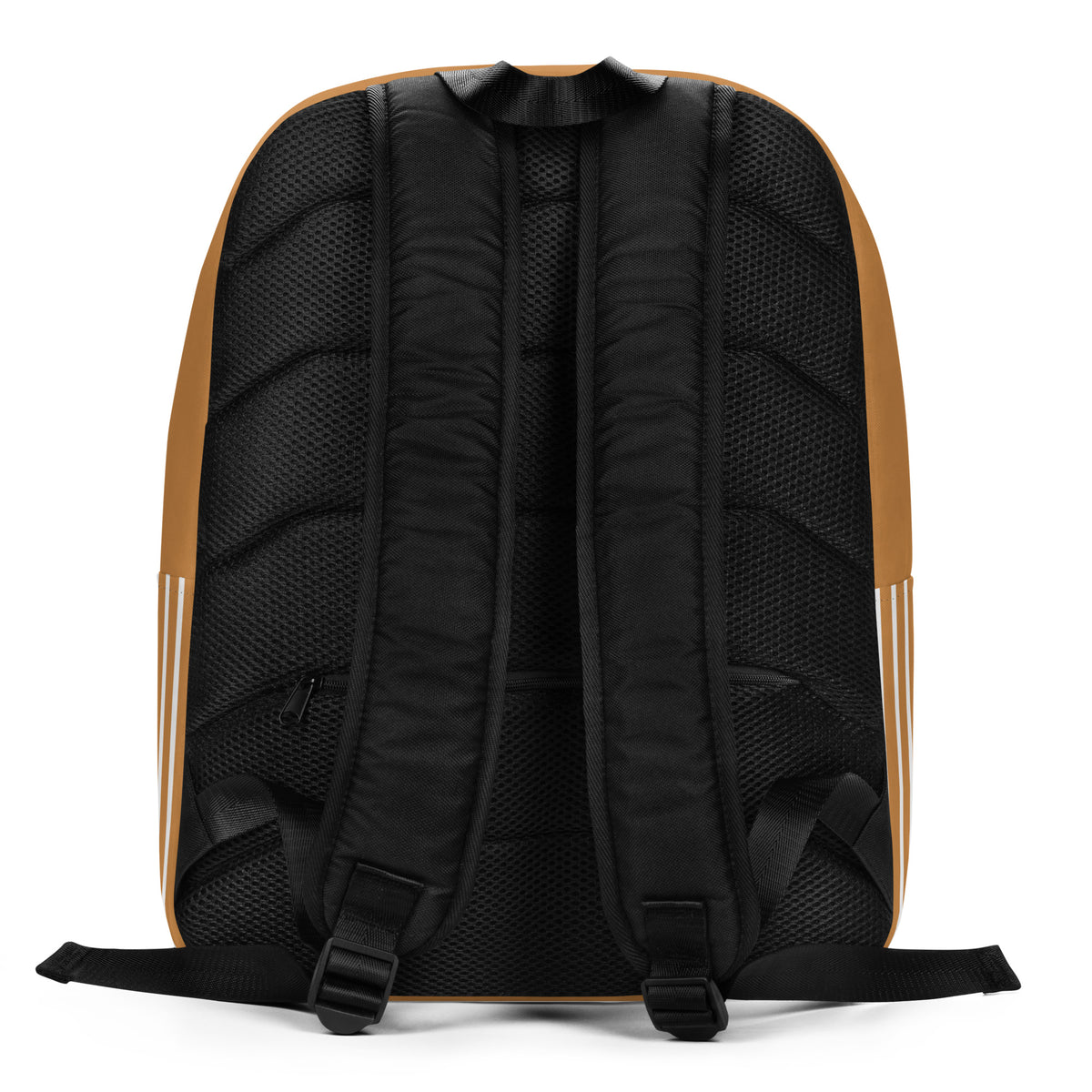 The back view of a backpack showing its black padded mesh backrest, shoulder straps, and side panels in a warm tan/caramel color with white stripe accents.