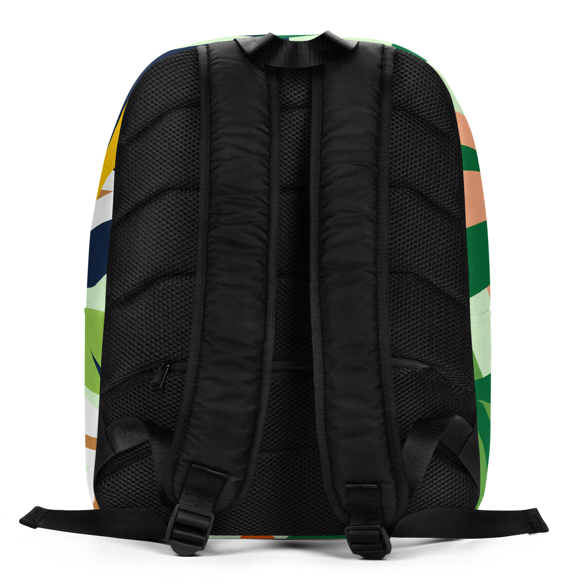 The back view of a backpack featuring a black mesh padded backrest with adjustable shoulder straps
