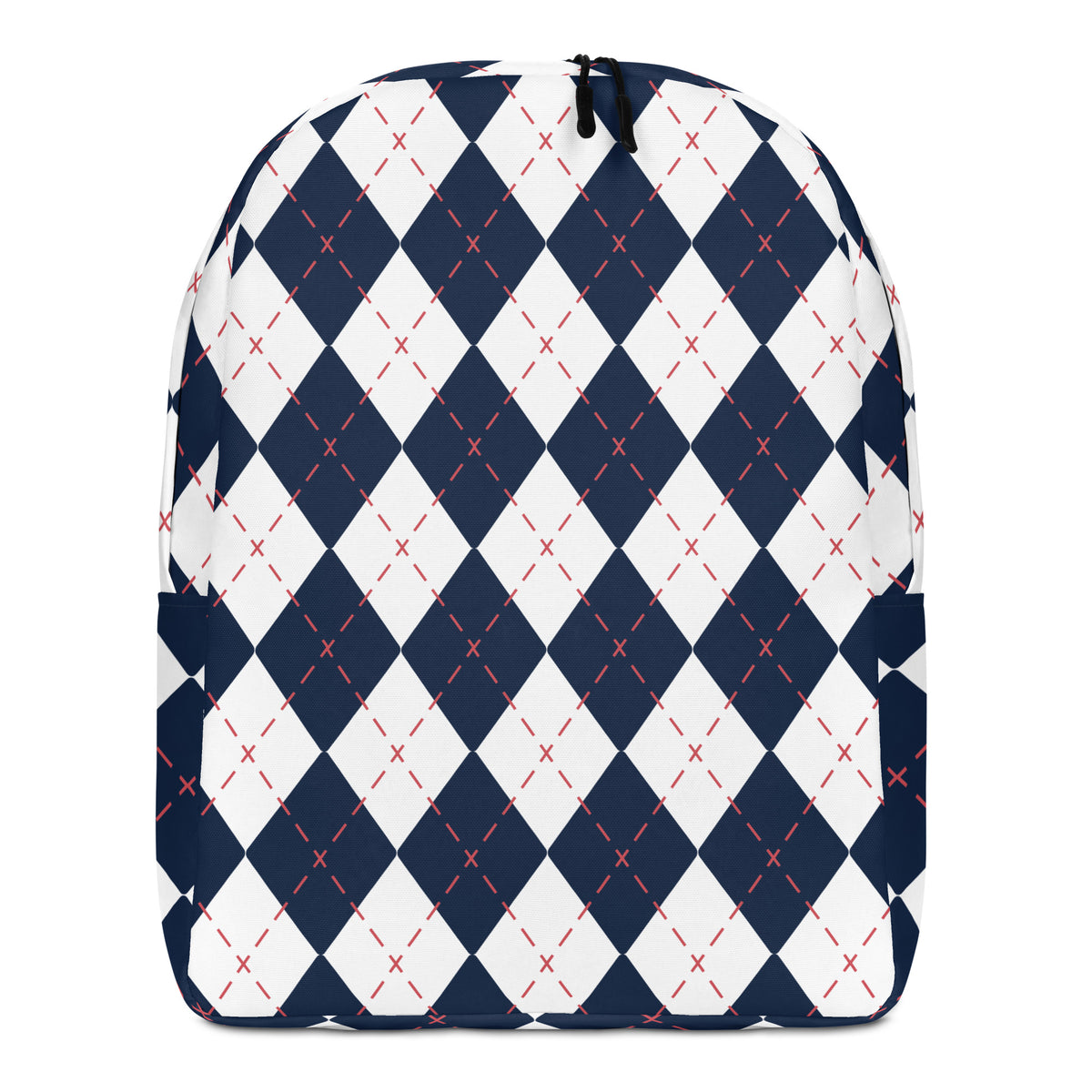 A backpack featuring a classic navy blue and white argyle pattern with thin red dashed lines forming the diamond centers,