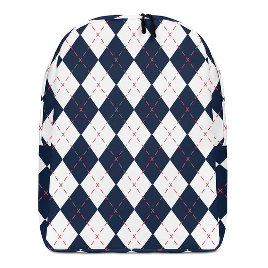 A backpack featuring a classic navy blue and white argyle pattern with thin red dashed lines forming the diamond centers,