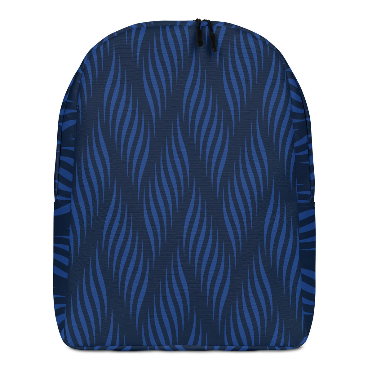 A backpack featuring a dark navy blue and medium blue wavy stripe pattern, 