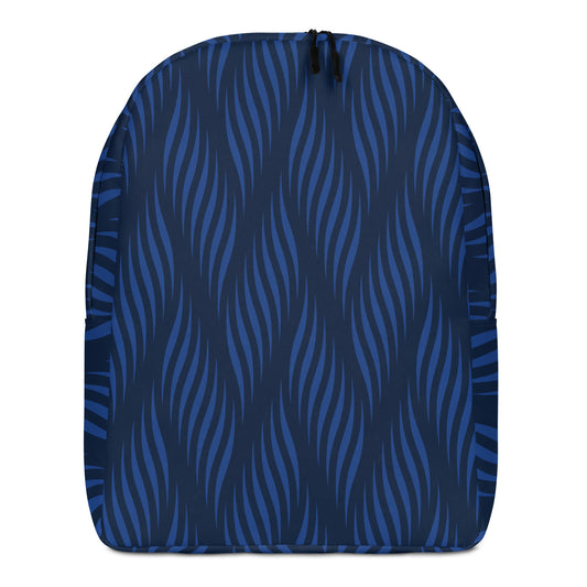 A backpack featuring a dark navy blue and medium blue wavy stripe pattern, 