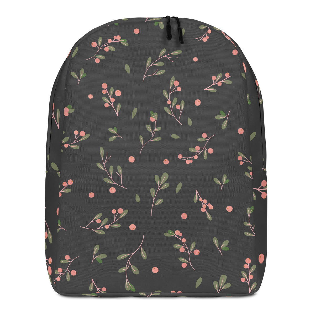 A dark gray backpack featuring an all-over botanical pattern of pink berries and green leaves