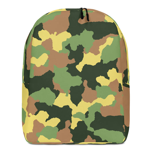 A backpack with an all-over camouflage pattern in green, brown, tan, and yellow, 