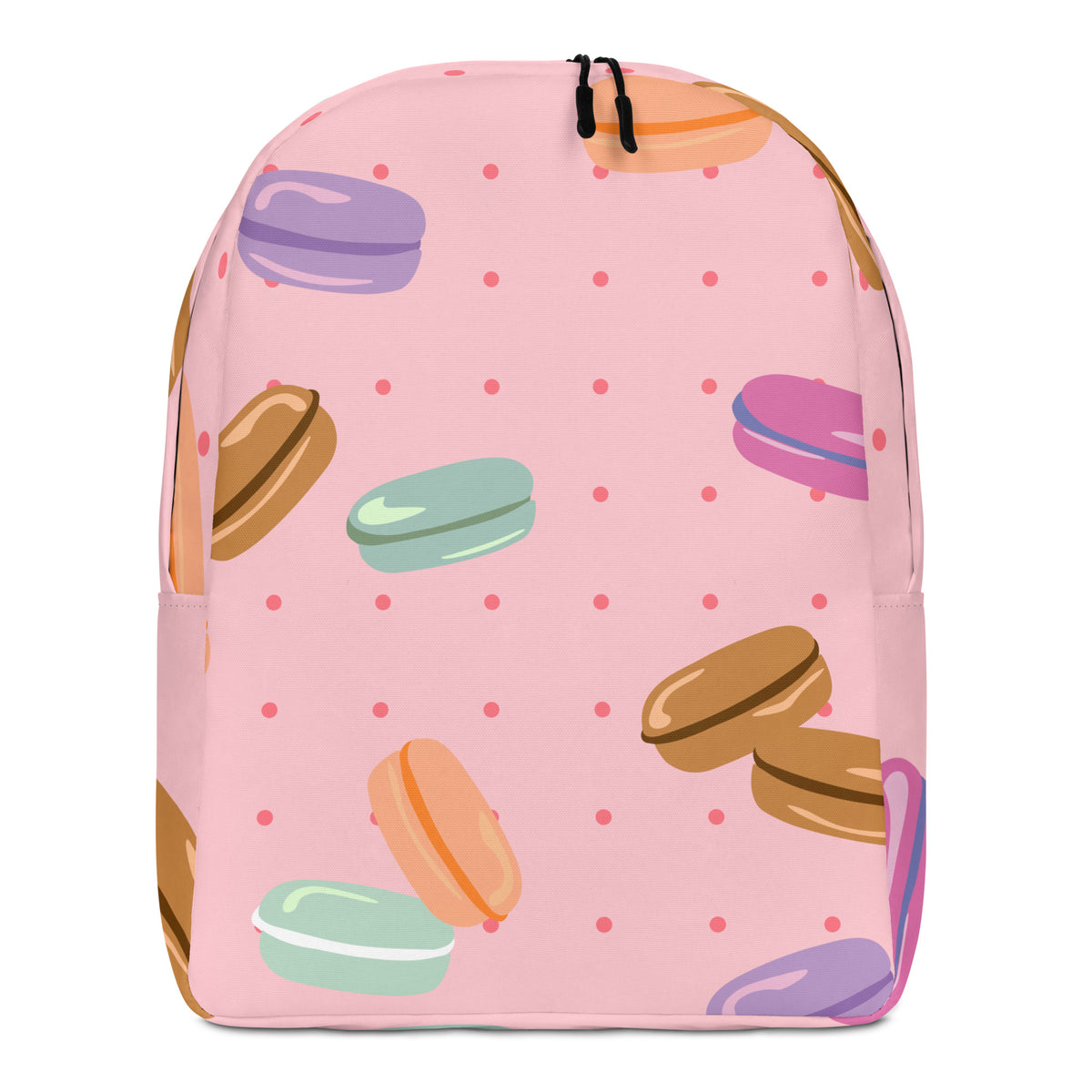 A pink backpack featuring a pattern of colorful macarons and small pink polka dots