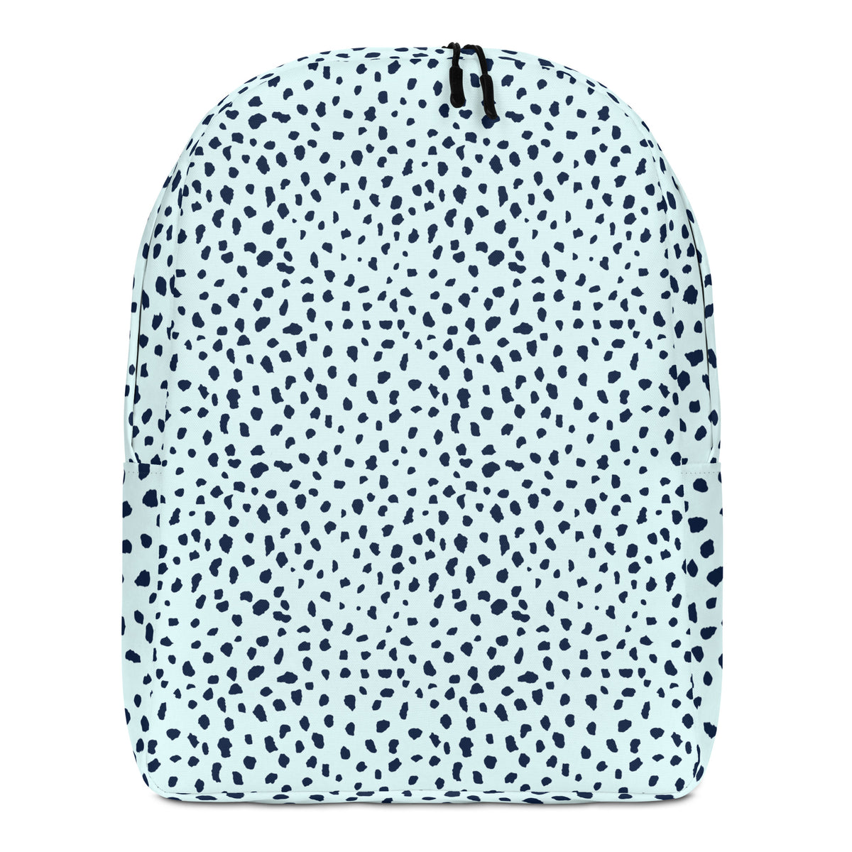 A backpack with a light blue and navy blue dalmatian spot pattern, featuring a black zipper at the top