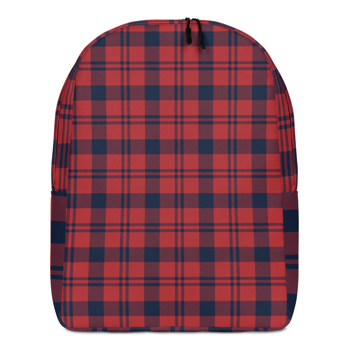 A backpack with a red and navy blue plaid pattern,